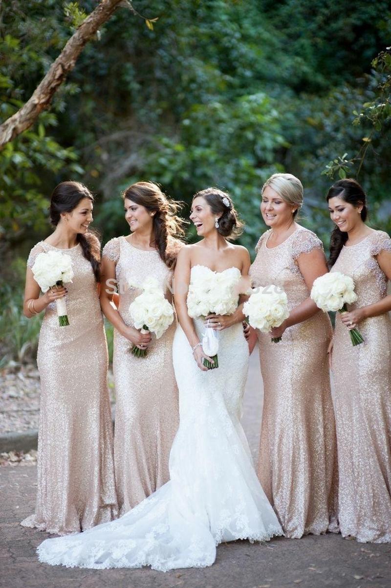 2019 New long bridesmaid dresses champagne gold sequins floor length bridesmaid dresses with short sleeves ball gown wedding dress