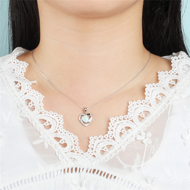 New Fashion Heart Pendant Necklaces For Women 925 Sterling Silver White Heart Opal Necklace With Zircon Wedding Jewelry
