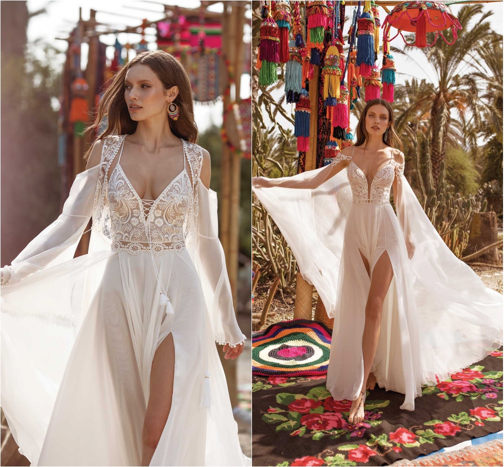 Asaf Dadush Bridal Gown Wedding Dresses With Wrap Lace Applique A Line Bohemian Wedding Dress Floor Length High Split Robes De Mariee