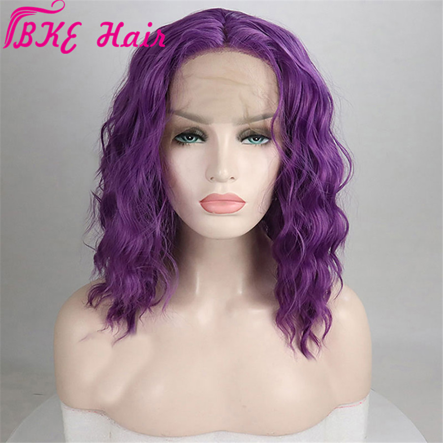 Purple Short Wavy Bob Full Hair milde part Part water Wave Wigs High Temperature Fiber Synthetic Lace Front Wig For White Women