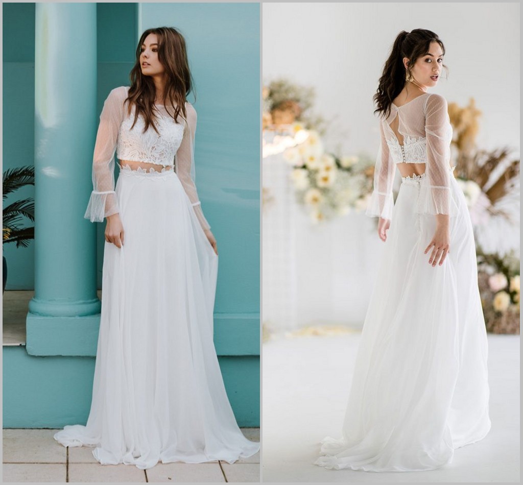 daisy bohemian wedding dresses two pieces long sleeve lace chiffon plus size beach boho chic bridal gowns robe de marie