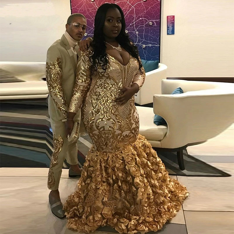 Plus Size Gold Mermaid Prom Dresses Sexy V Neck Long Sleeve Evening Dresses Ruffles 3D Rose Flower Pageant Gowns