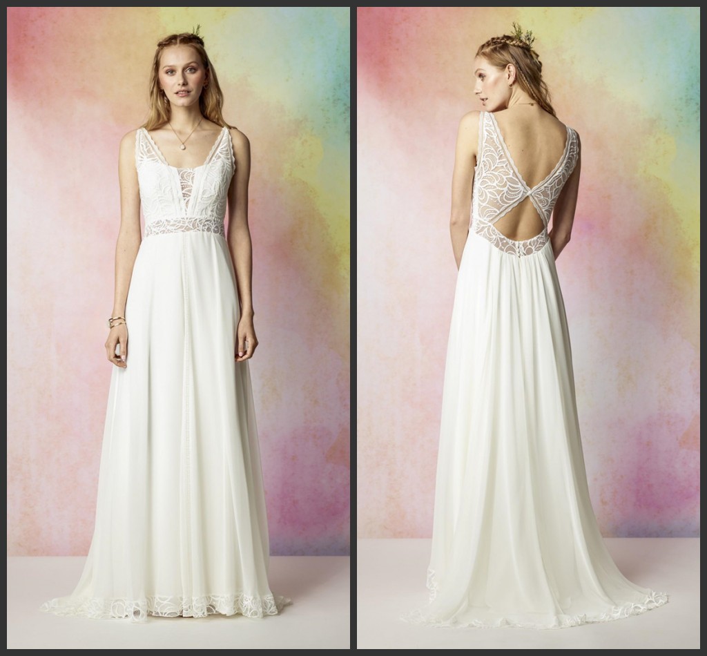 2019 New Rembo Styling Beach Lace Wedding Dresses Deep V-Neck A-Line Backless Floor Length Chiffon Bridal Gowns