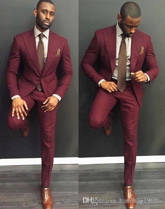 

High Quality Two Buttons Burgundy Groom Tuxedos Groomsmen Peak Lapel Best Man Blazer Mens Wedding Suits (Jacket+Pants+Tie) D:10, Same as image