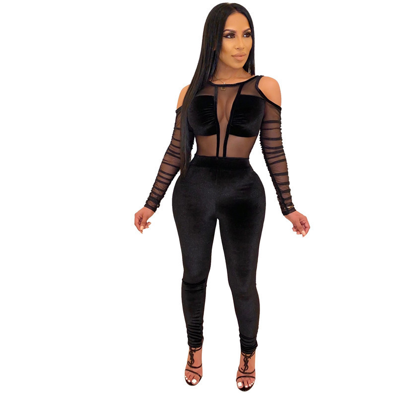 Adogirl Sheer Mesh Patchwork Velvet Jumpsuit Women Sexy Cold Shoulder Long Sleeve Skinny Romper Night Club Overalls Bodysuits T200107
