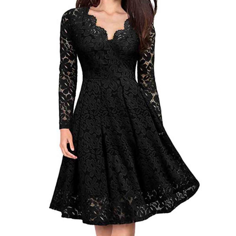 Women Dress V-Neck Off Shoulder Lace Formal Evening Party Dress Long Sleeve Solid color Knee-length Ladies, Black
Women Dress V-Neck Off Shoulder Lace Formal Evening Party Dress Long Sleeve Solid color Knee-length Ladies, Black