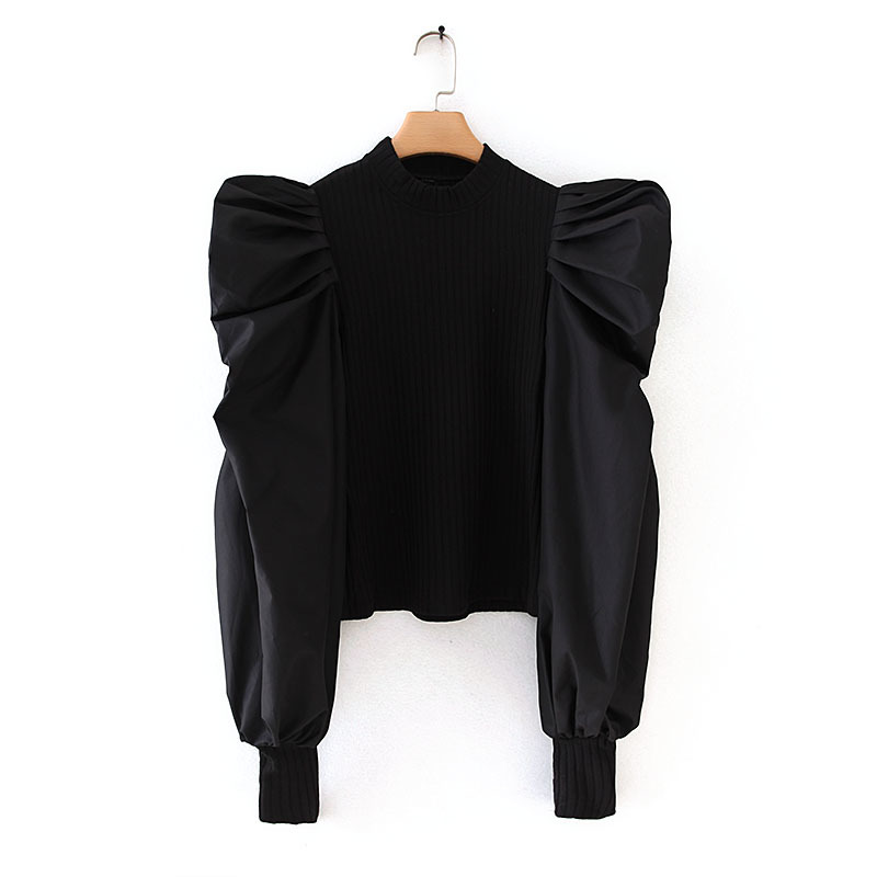 Chic Women Pullover Sweater Autumn 2019 New Fashion Puff Sleeve Stretch Knit Body Patched Poplin Sleeve Modern Lady Ruffles Tops T191230
