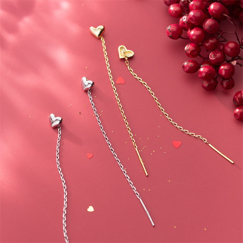 925 Sterling Silver Long Chain Earring For Women Girls New Sweet Heart Dangle Drop Earrings Ear Line Tassel Earring
