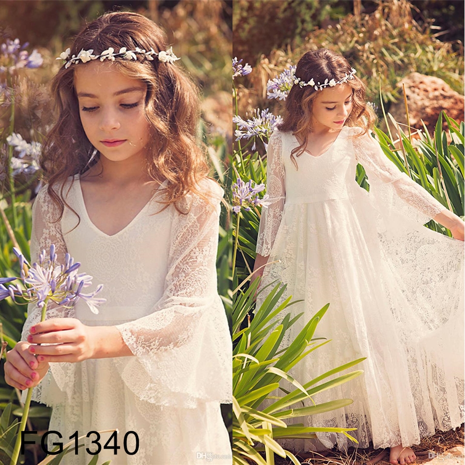 $59.95/PC Free Shipping Any Size Color Lace Flower Girl' Dresses Lace Kids Formal Wear Long Sleeves Sleeveless Floor Length Little Girls