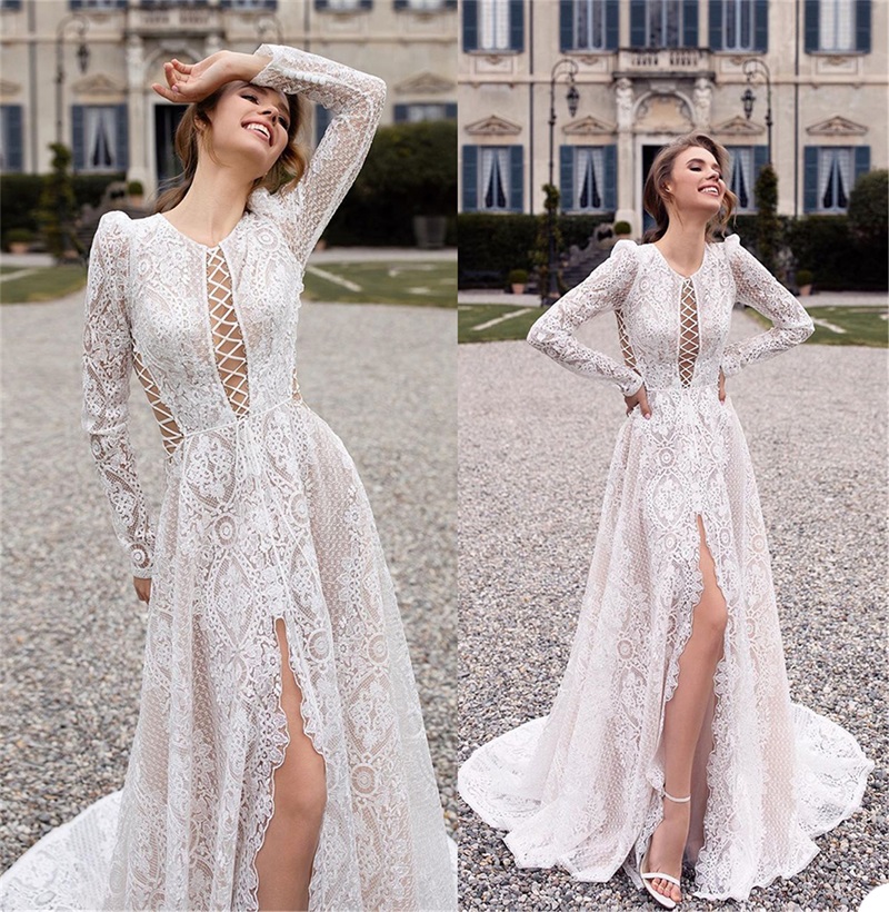 Vintage Boho A Line Wedding Dresses Sexy High-split Hollow Full Appliqued Lace Wedding Gown Long Sleeves Beach Custom Made Vestidos De Novia