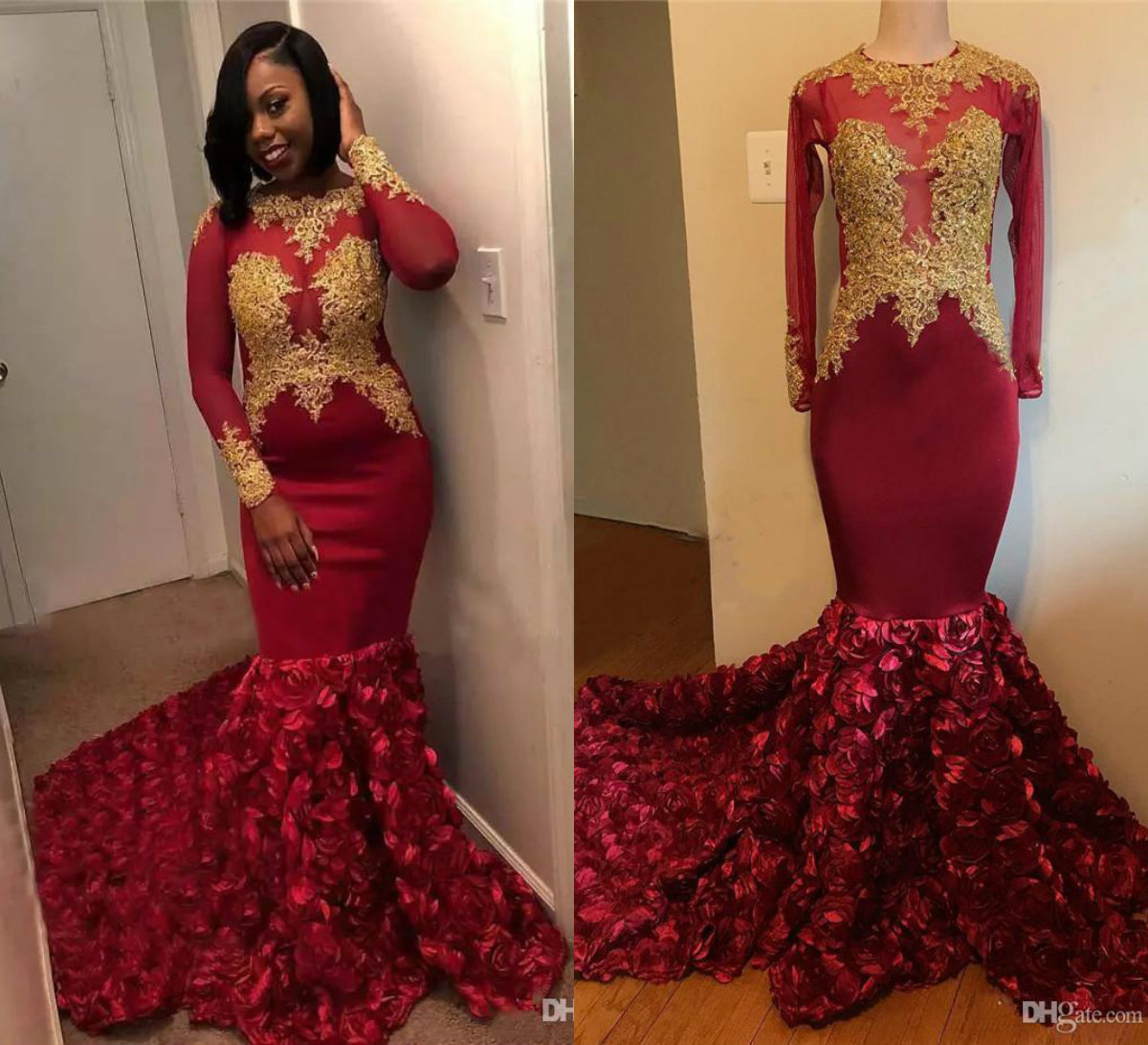 2019 Red Mermaid Prom Dresses With Gold Appliques Long Sleeve Petal Ruffles Evening Gowns Plus Size Black Girls Pageant Party Dress, Brown
2019 Red Mermaid Prom Dresses With Gold Appliques Long Sleeve Petal Ruffles Evening Gowns Plus Size Black Girls Pageant Party Dress, Brown