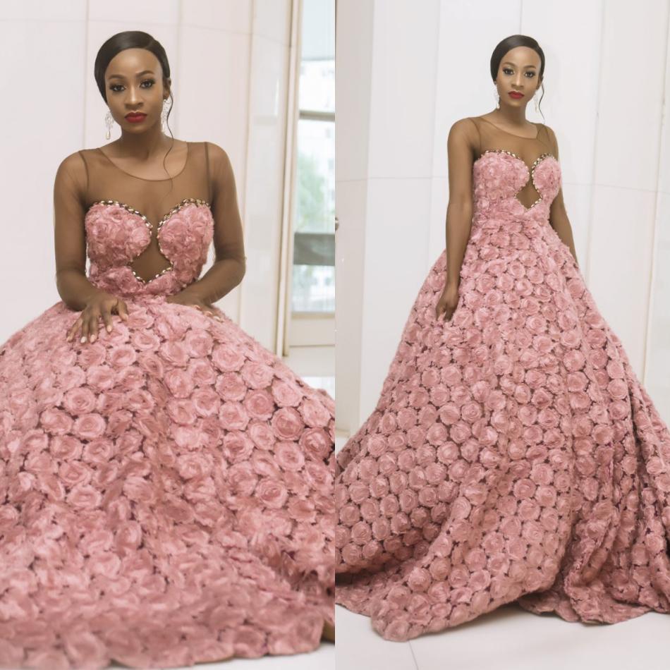 2019 Gorgeous Prom Dresses Sheer Jewel Neck 3D Floral Appliqued Beads Pink Rose Flower Evening Dress A Line Sweep Train Formal Party Gowns