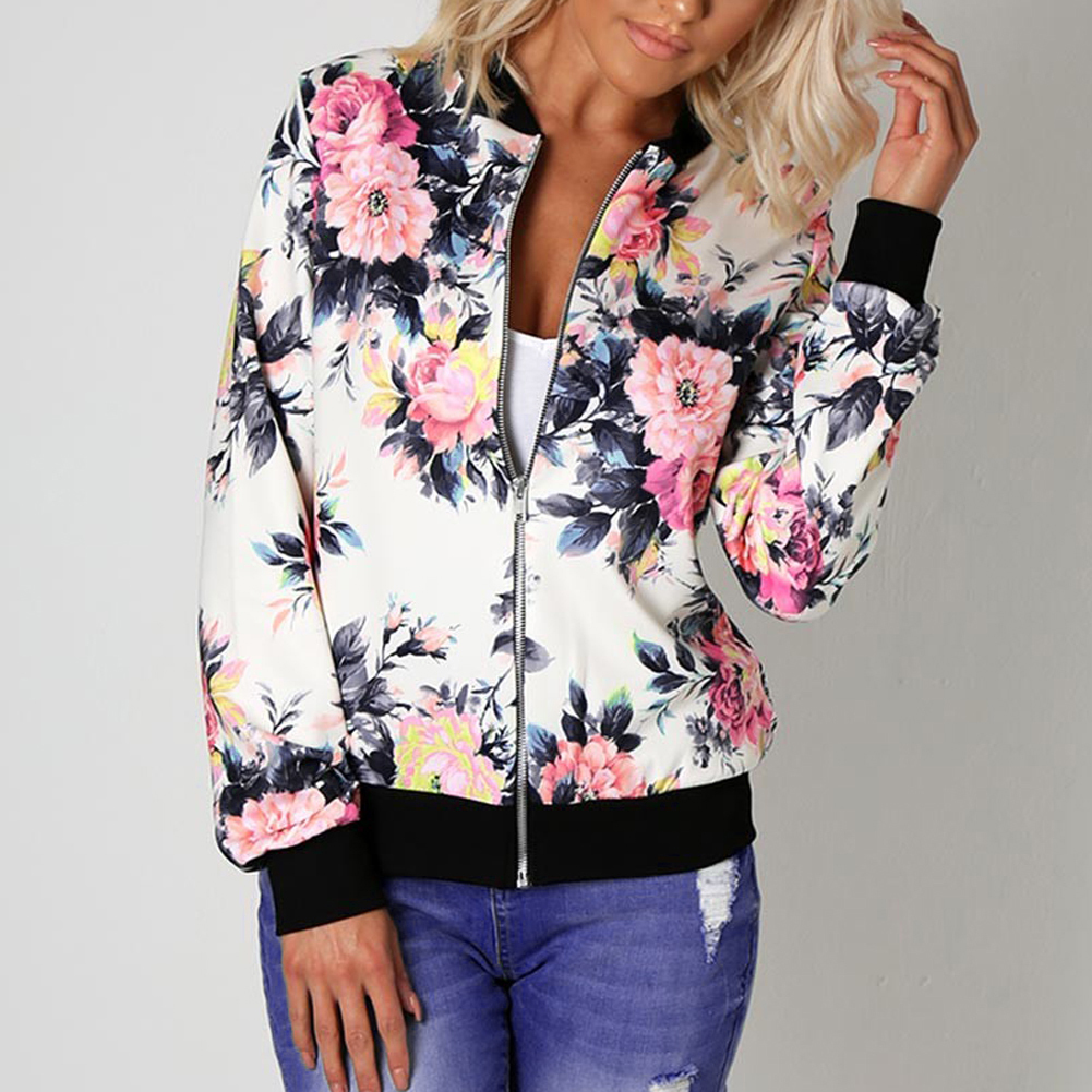 Women Retro Flower Floral Print Zipper Bomber Collar Slim Coat Casual Outwear Female Autumn Spring Jacket Fashion Ladies C19041501