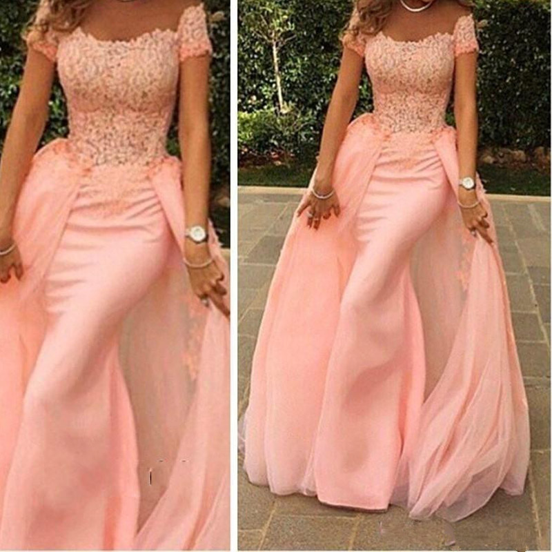 Elegant Long Formal Evening Dress 2020 Mermaid Scalloped Cap Sleeve Top Lace Floor Length Pink Arabic Style Prom Dresses