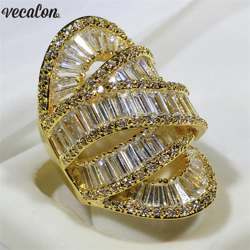 Vecalon Big across Party ring Gold Color 925 sterling silver Diamond Engagement wedding Band rings for women men Finger Jewelry