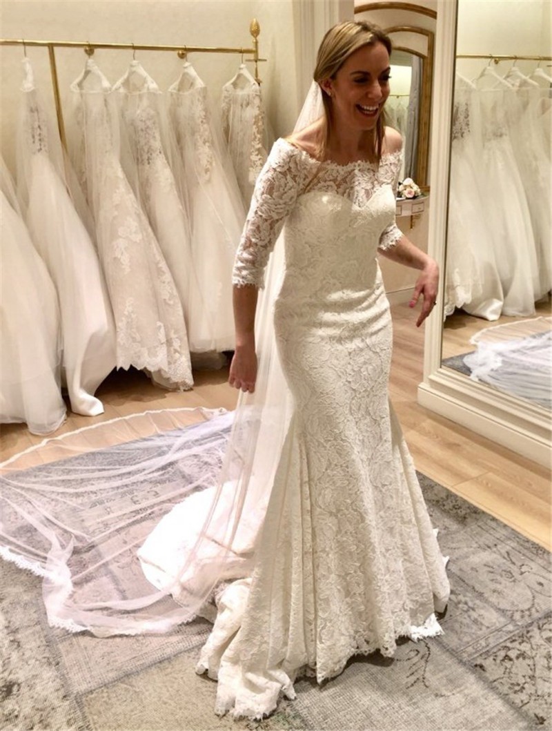 Lace Elegant Mermaid Wedding Dresses Bateau Neck Long Sleeves Bridal Gowns Sweep Train Trumpet Robe De Marie