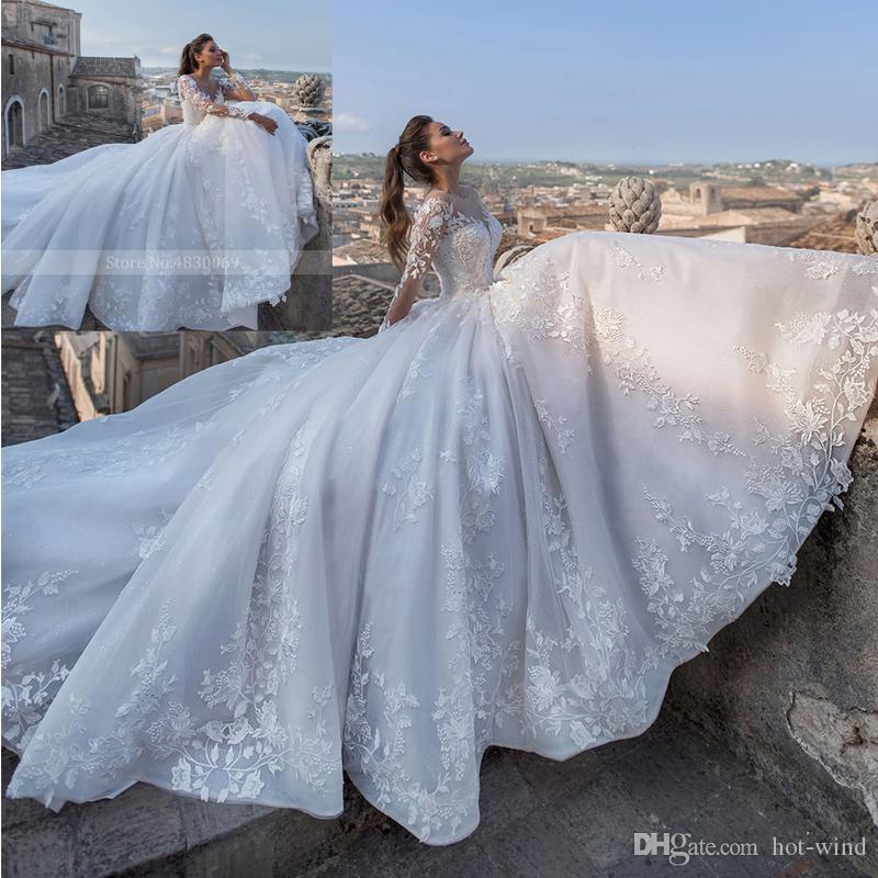 Vintage Sheer Elegant Jewel Neck A Line Long Sleeve Tulle Court Train Bridal Dress Lace Princess Wedding Gowns Vestidos