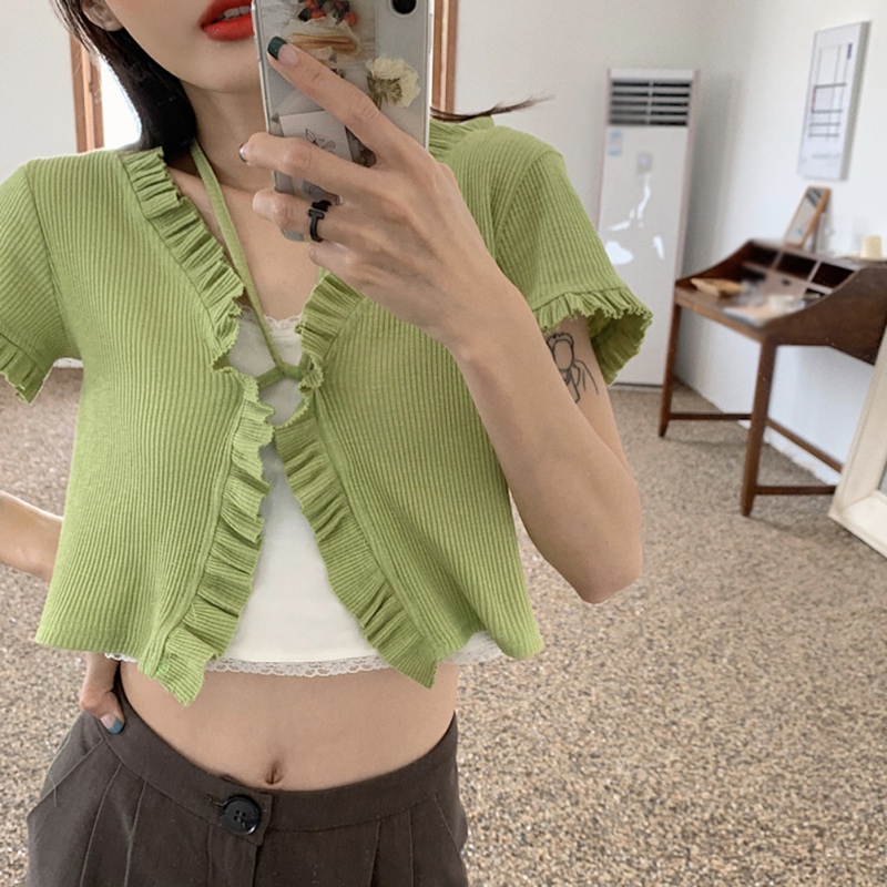 Summer Short Knitted Tshirt Sweet Girl Fashion Lace Short Sleeve Cardigan T-shirt Women Lace Up Tee Top, Black
Summer Short Knitted Tshirt Sweet Girl Fashion Lace Short Sleeve Cardigan T-shirt Women Lace Up Tee Top, Black