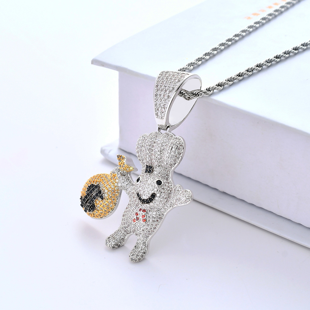 New Style 18K Gold Plated Iced Out CZ Zirconia US Dollar Sign Money Bag Doll Pendant Chain Necklace Hip Hop Rapper Jewelry for Men and Women
