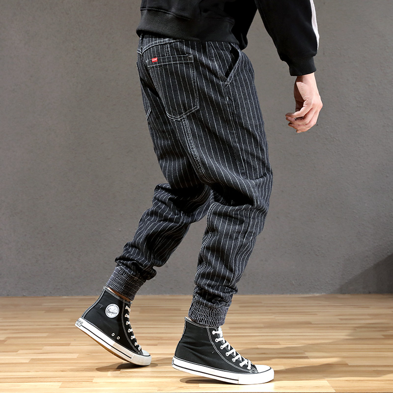 Japanese Style Fashion Men Jeans Stripe Designer Loose Fit Cargo Pants hombre Slack Bottom Streetwear Hip Hop Joggers Jeans Men