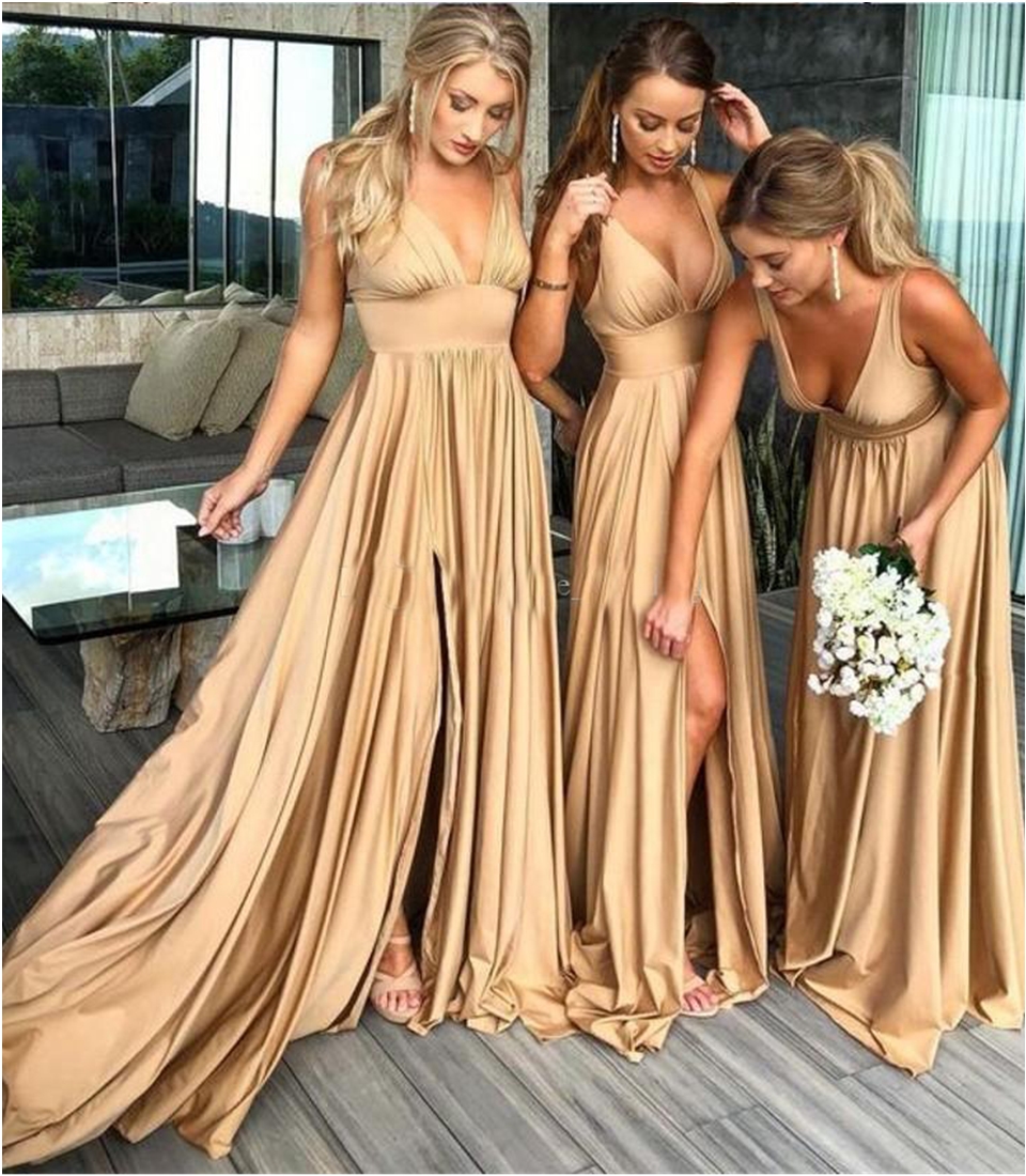 2020 V Neck Empire Split Side Floor Length Champagne Beach Boho Wedding Guest Dresses Sexy Long Gold Bridesmaid Dresses Deep