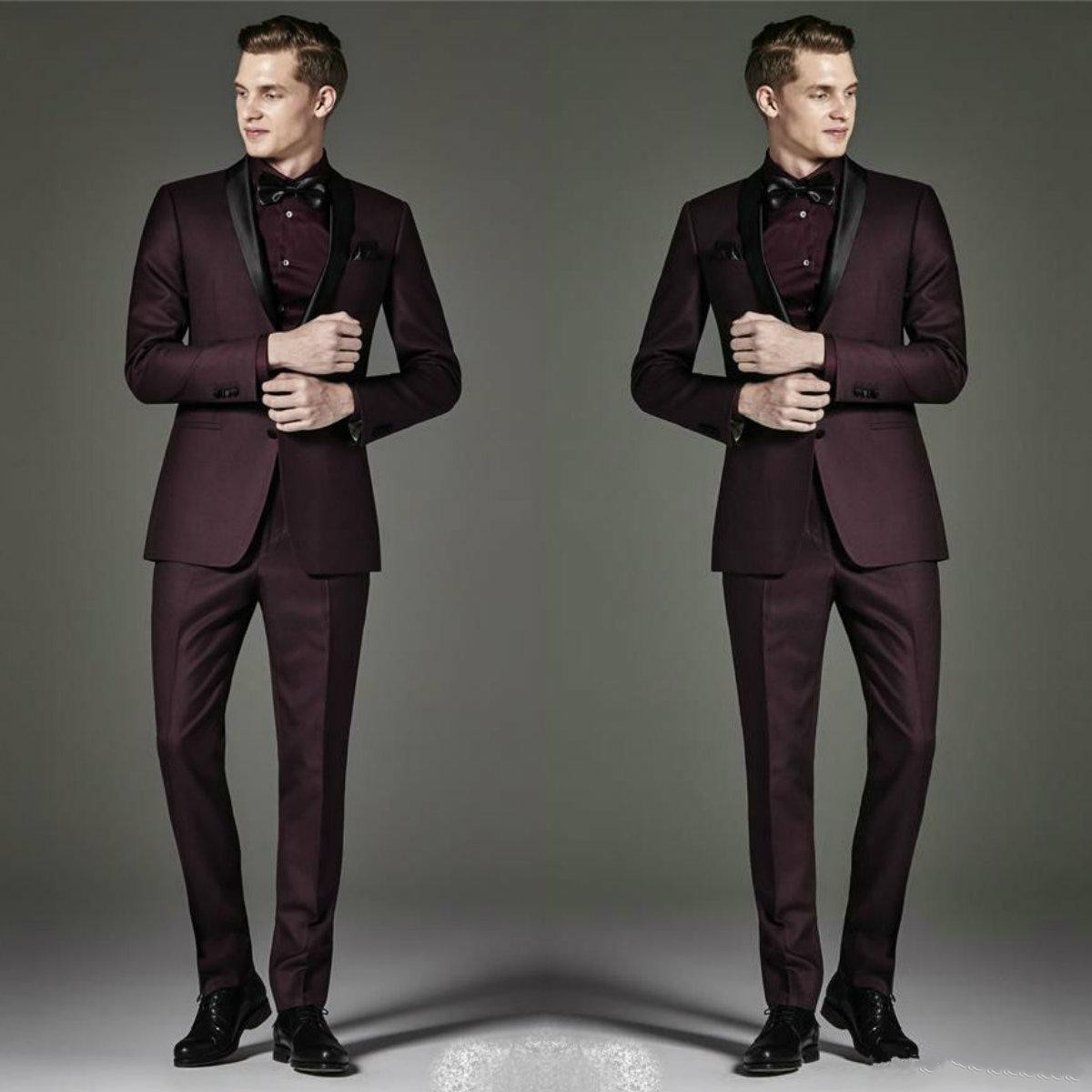 New Arrival Burgundy Men Wedding Tuxedos Fashion Groom Tuxedos Black Lapel Two Button Men Jacket Blazer 2 Piece Suit(Jacket+Pants+Tie) 2202