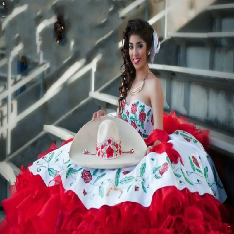 Mexican Embroidery Quinceanera Dresses White And Red Corset Back Sweet 16 Dress 2020 Princess Tiered Organza Ball Gown Prom Dresses Cheap