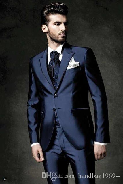 

New Arrivals Two Button Shiny Navy Blue Groom Tuxedos Groomsmen Peak Lapel Best Man Blazer Mens Wedding Suits (Jacket+Pants+Vest+Tie) H:810, Same as image