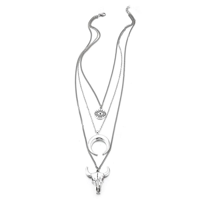 3pcs/set Women Long Sweater Chain Animal Cow Head Pendant Necklace Alloy Eye Horn Multilayer Necklace Jewelry Gift for Girls