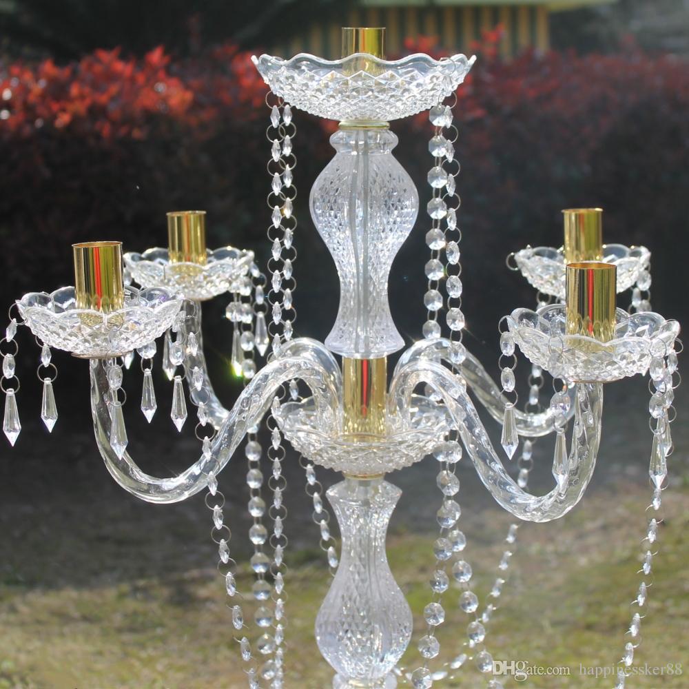 90 cm height Acrylic 5-arms metal candelabras with crystal pendants wedding candle holder centerpiece party decor XJ260305