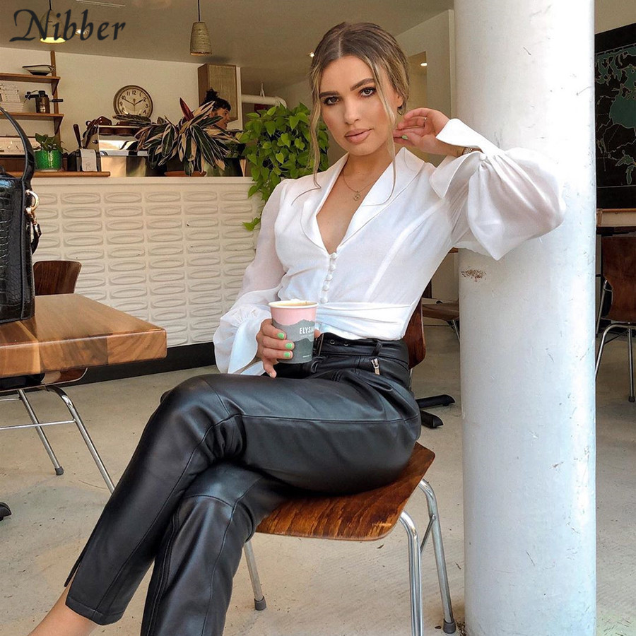 Nibber 2019Autumn Office ladies White Chiffon tops women full sleeve t-shirts Solid Elegant wild Slim Soft Belt tee shirts mujer T200110