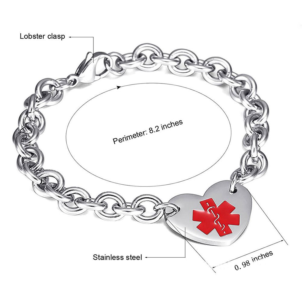 Medical Sign ID Chain Bracelets Charm Heart Shape Bracelets Titanium Stainless Steel Jewelry Men Women Bangle