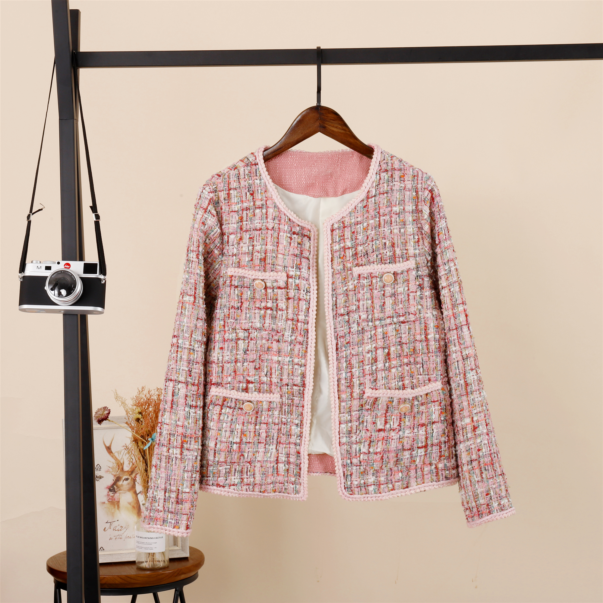 Spring new design womens pink color o-neck long sleeve tweed woolen short coat jacket casacos plus size S M L