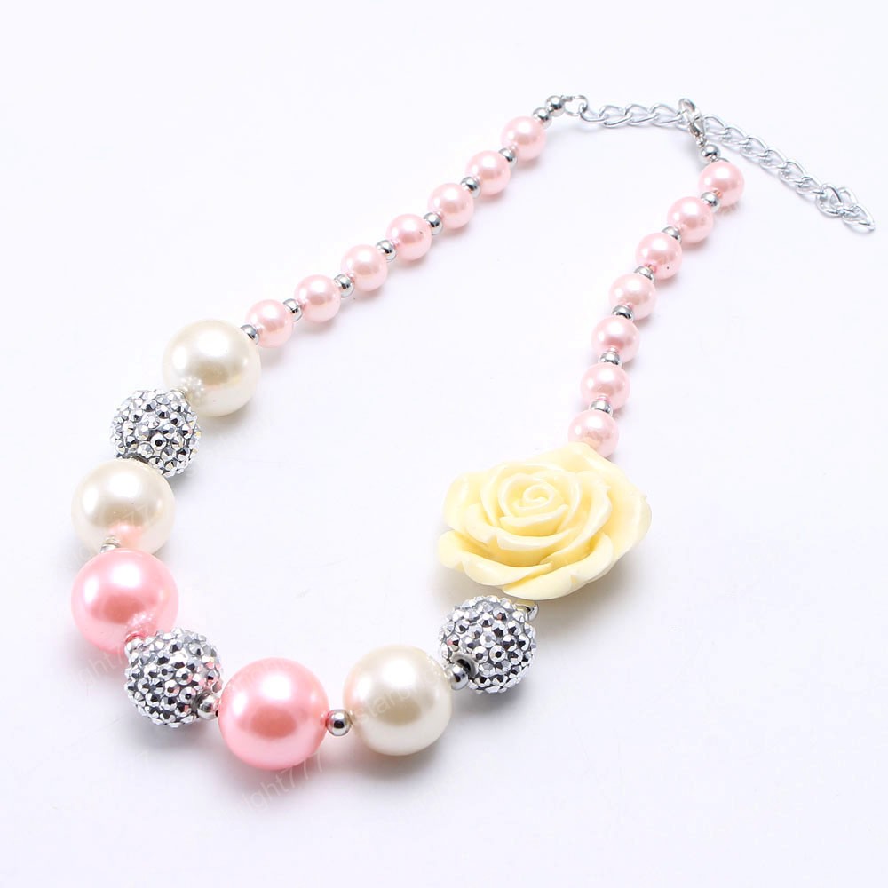 Child Girls Chunky Beads Necklace Fashion Rose Flower Chunky Necklace Jewelry For Baby Kids Sweetly Design Birthday Gift