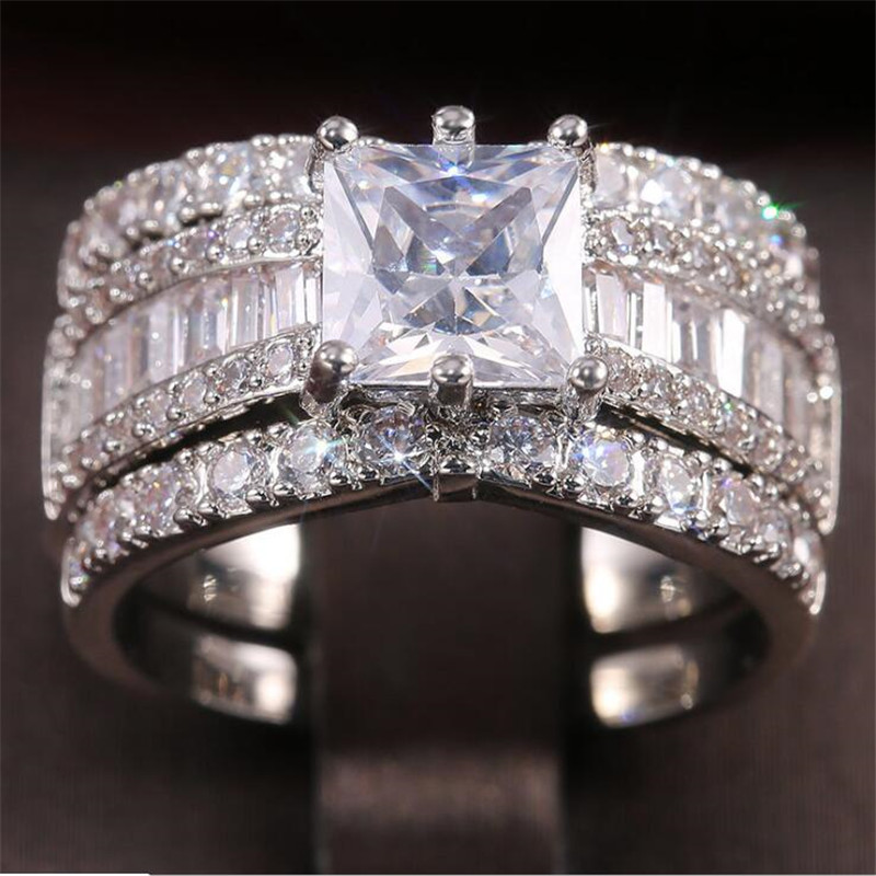 Size 6-10 Choucong Luxury Jewelry Sparkling 925 Sterling Silver&Gold Fill Princess Cut White Topaz CZ Diamond Gemstones Women Wedding Ring