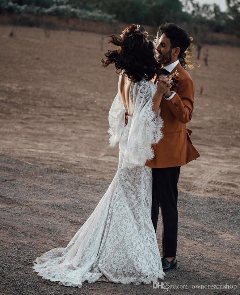 Sexy Bohemian Cheap Full Lace Mermaid Dresses V Neck Puffy Long Sleeves Backless Floor Length Plus Size Wedding Dress Bridal Gowns