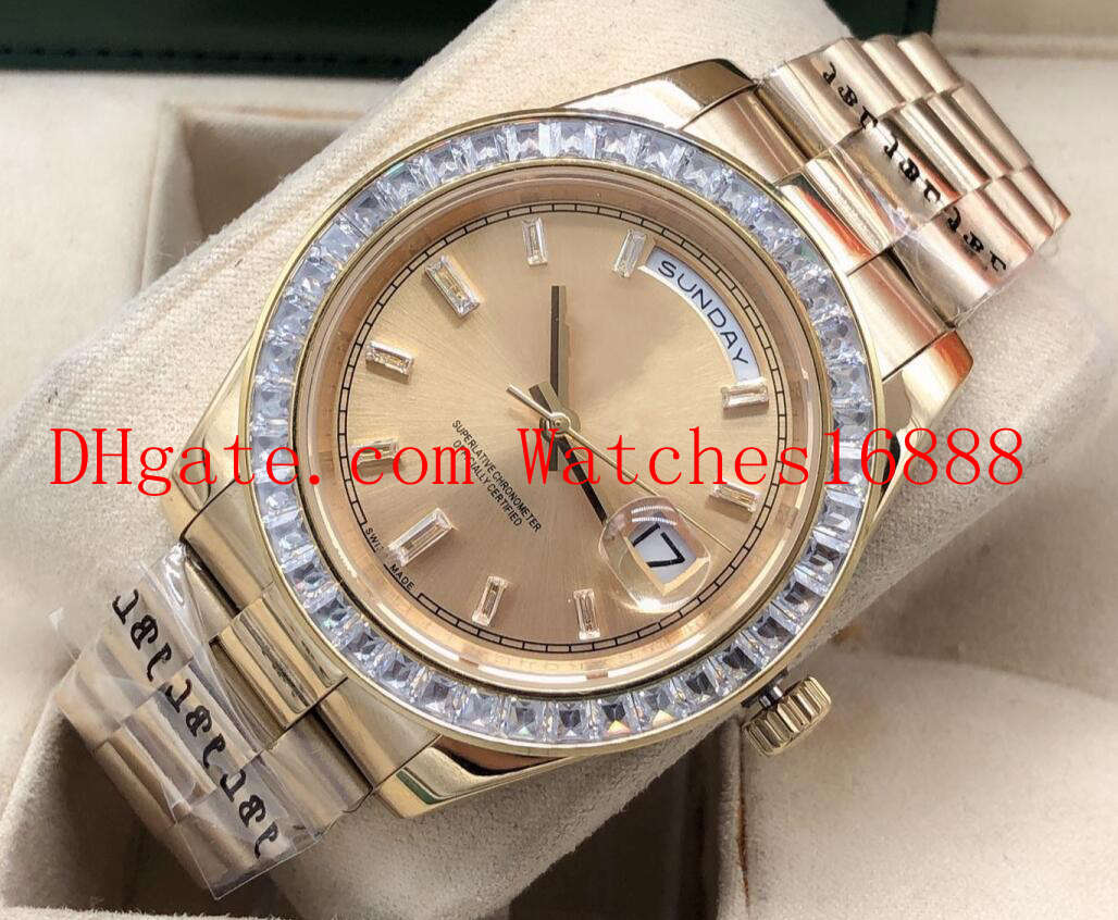 3 Style 41MM Day-Date II President 218238 18k Gold Baguettes Diamond Bezel Mechanical Automatic Movement Mens Watch Men's Wrist Watches, Black
3 Style 41MM Day-Date II President 218238 18k Gold Baguettes Diamond Bezel Mechanical Automatic Movement Mens Watch Men's Wrist Watches, Black
