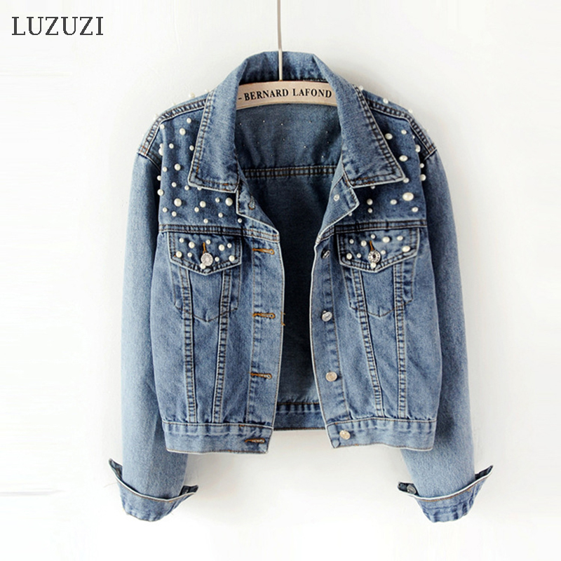 LUZUZI 5XL Short denim jacket female Ulzzang beaded pearl loose thin casual jeans bomber jacket women spring autumn new coat CY200515
