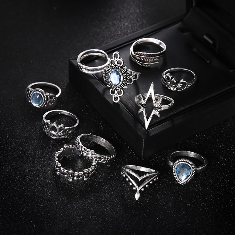 Knuckle ring set retro diamond carved starry gemstone 11 piece set boho can be superimposed ring female silver