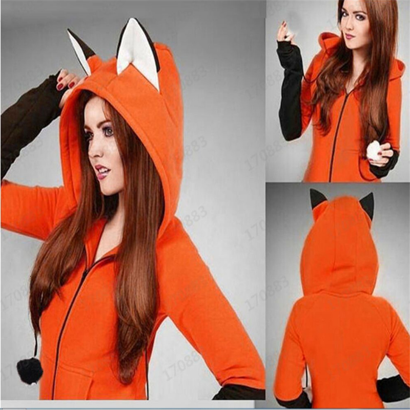 Hot Anime Fox Orelhas Ears Hoodie Orange Sweatshirts Plush Ball Decoration Jacket Halloween Cosplay Women New Kawaii Outwear V191129