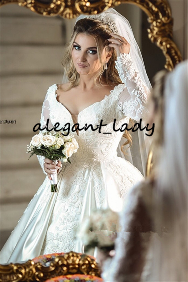 Plus Size Long Sleeve Princess Wedding Dresses 2020 Luxury Lace applique beaded pearls castle church puffy skirt wedding gown with overskirt