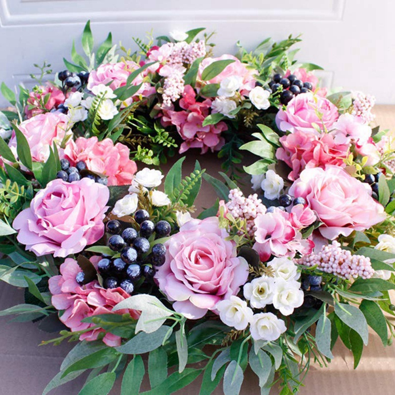 55cm Rose Wreath Large Rustic Farmhouse Decorative Artificial Flower Wreath Faux Floral Wreath for Front Door Window Wedding