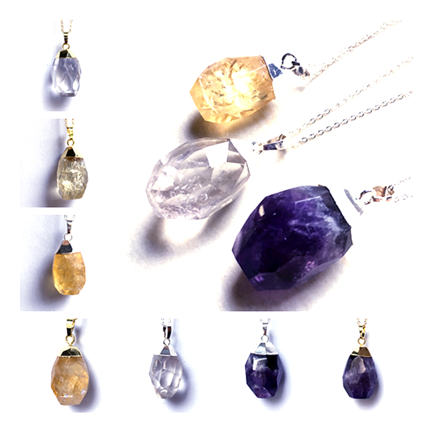 Silver Natural Gemstone Crystal Quartz Healing Stone Pendant Chain Necklace Gold Charms Citrine Amethyst Lemon Quartz Rock quartz for choose
Silver Natural Gemstone Crystal Quartz Healing Stone Pendant Chain Necklace Gold Charms Citrine Amethyst Lemon Quartz Rock quartz for choose