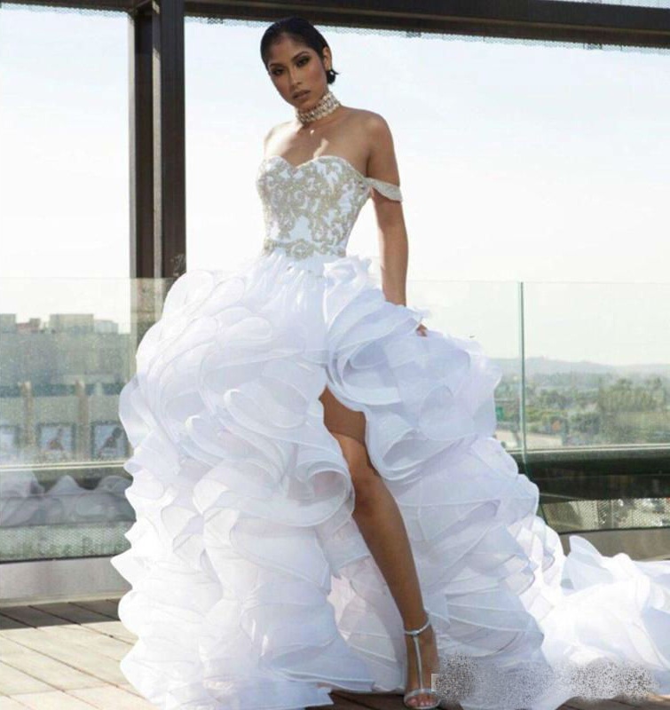 sexy thigh high slits wedding dresses off shoulder beaded tiered ruffles organza beach wedding dress custom made bridal gowns cheap