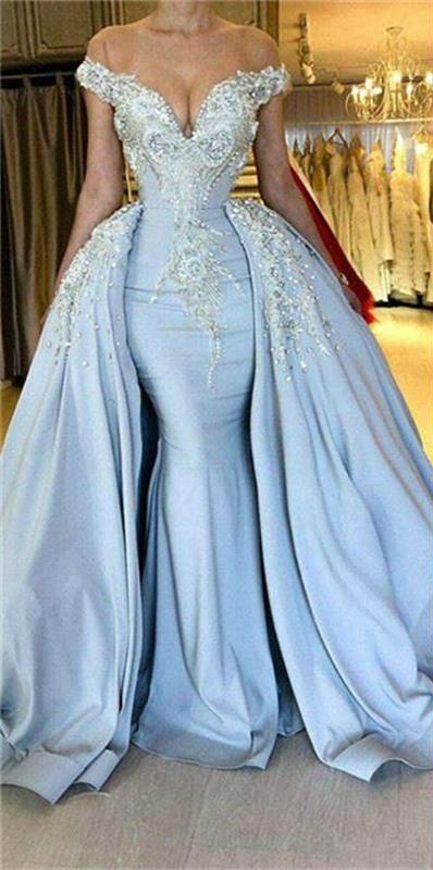 Light Blue Mermaid Prom Dresses with Detachable Train Sheer Off Shoulder Crystals Beaded Formal Evening Dress Cocktail Party Dresses