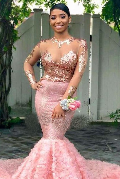 Sexy Pink Mermaid Prom Dresses Jewel Neck Illusion Long Sleeves 3D Floral Appliques Evening Gowns with Sequins South Africa Party Dresses