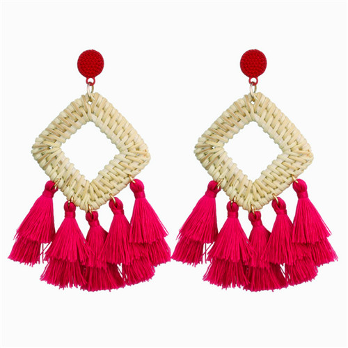 Bohemian tassel earrings statement handmade ethnic tassel earrings bamboo geometric square fan shaped ladies