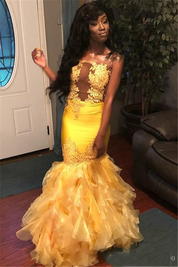 Yellow African Mermaid Prom Dresses Strapless Appliques Tulle Ruffles Evening Gowns Plus Size Party Dress for Black Girls