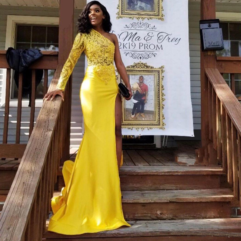 Yellow Black Girls Mermaid Prom Dress Plus Size One Shoulder Long Sleeve Prom Gowns Special Party Dresses Custom Made