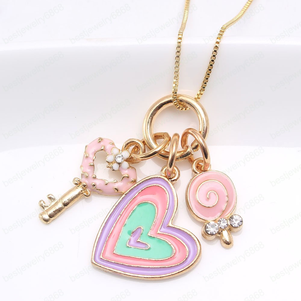 Fashion Design Kids Girls Heart Flower Key Pendants Necklace Baby Child Charming Chain Necklace Jewelry Accessories New